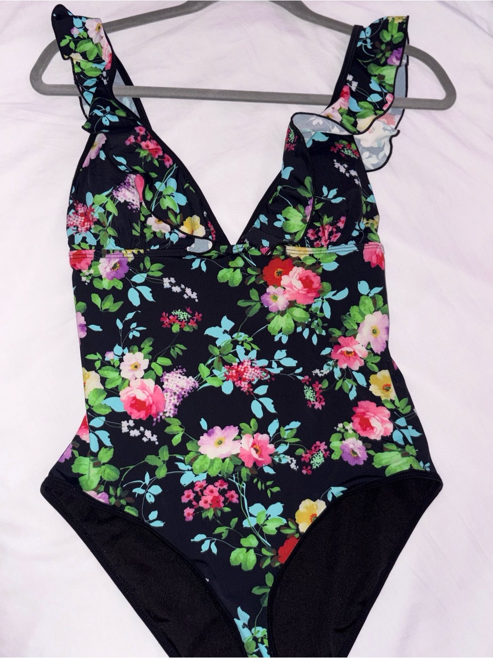 Black Floral One-Piece Swimsuit with Ruffled Straps